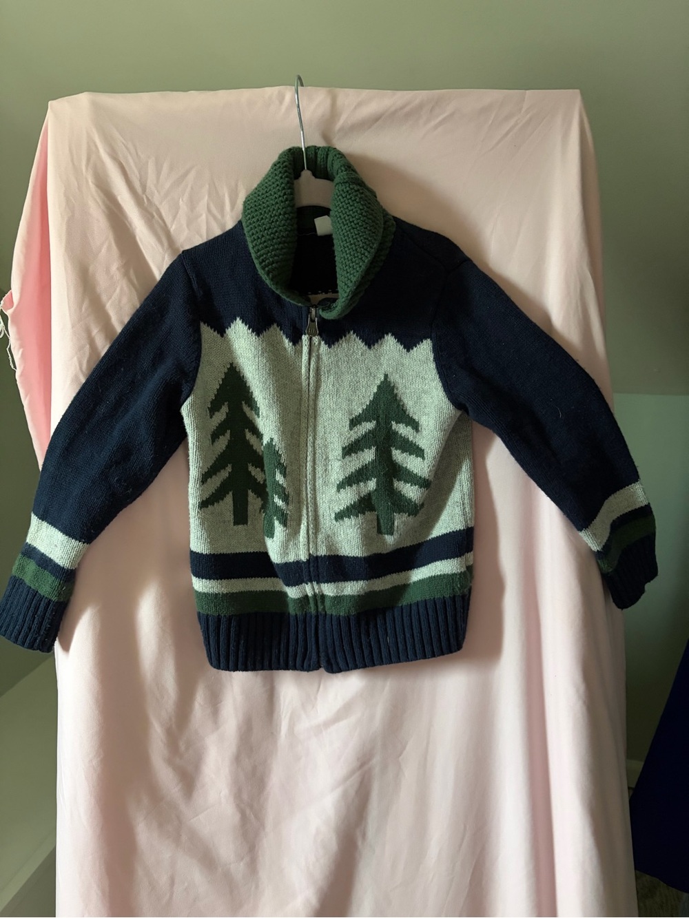 Kids Holiday Navy & Green Tree Zip Front Sweater Jacket